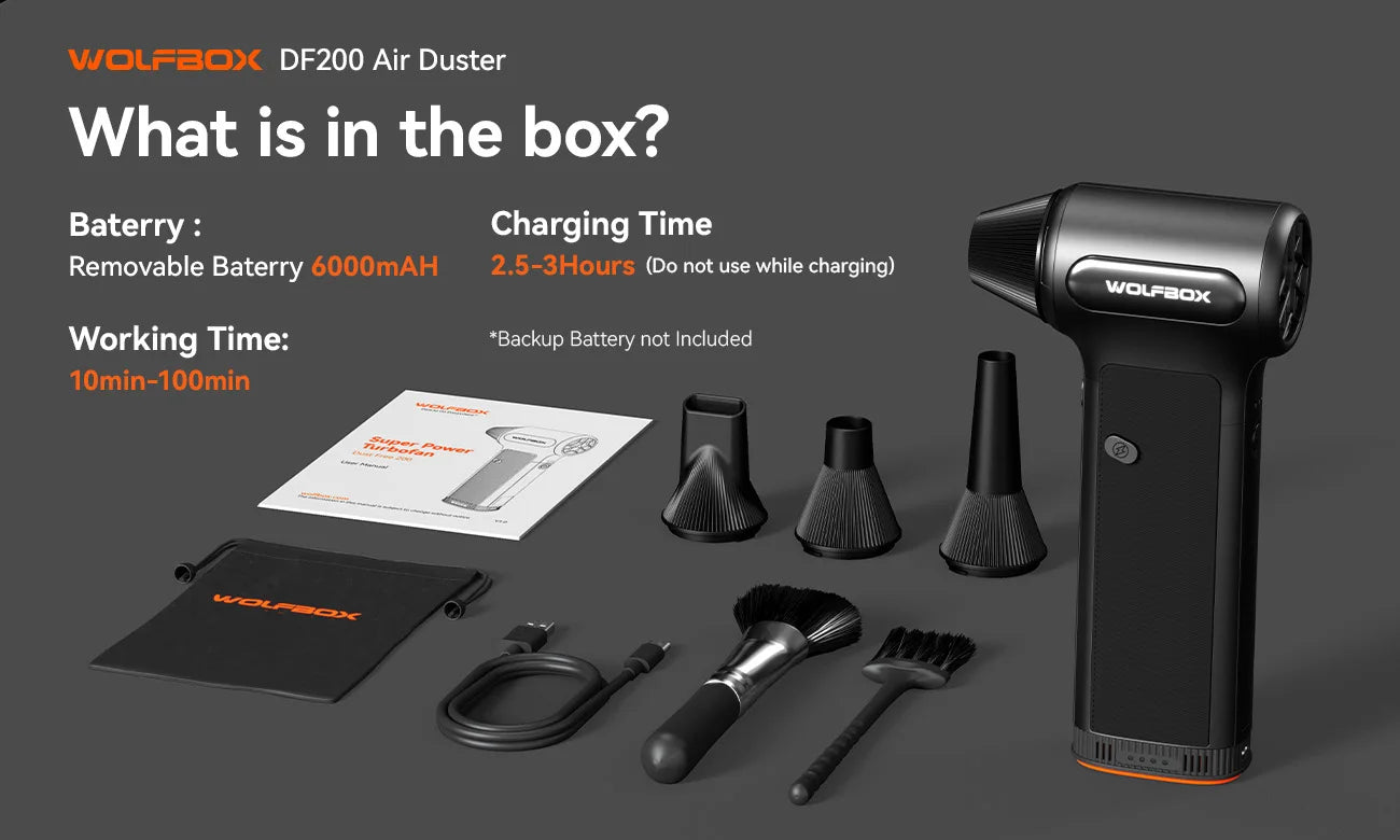 Zwart Wolfbox DF200 luchtstofzuiger met textuur, inclusief borstel, kabel, tas en drie accessoires, geschikt voor het schoonmaken van elektronica en p