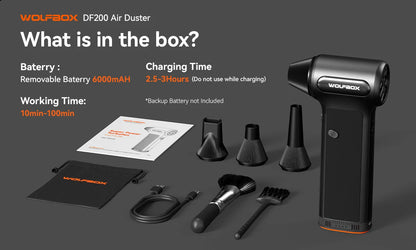 Zwart Wolfbox DF200 luchtstofzuiger met textuur, inclusief borstel, kabel, tas en drie accessoires, geschikt voor het schoonmaken van elektronica en p