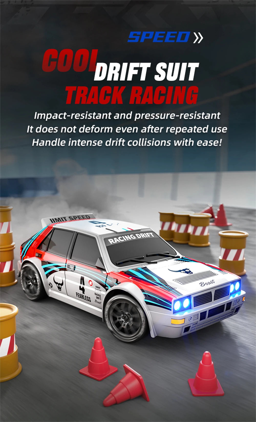 Een witte RC-rallyauto met rode en blauwe strepen, zwarte wielen en blauwe LED-verlichting, klaar voor drift- en race-avonturen. Inclusief stuur, extr