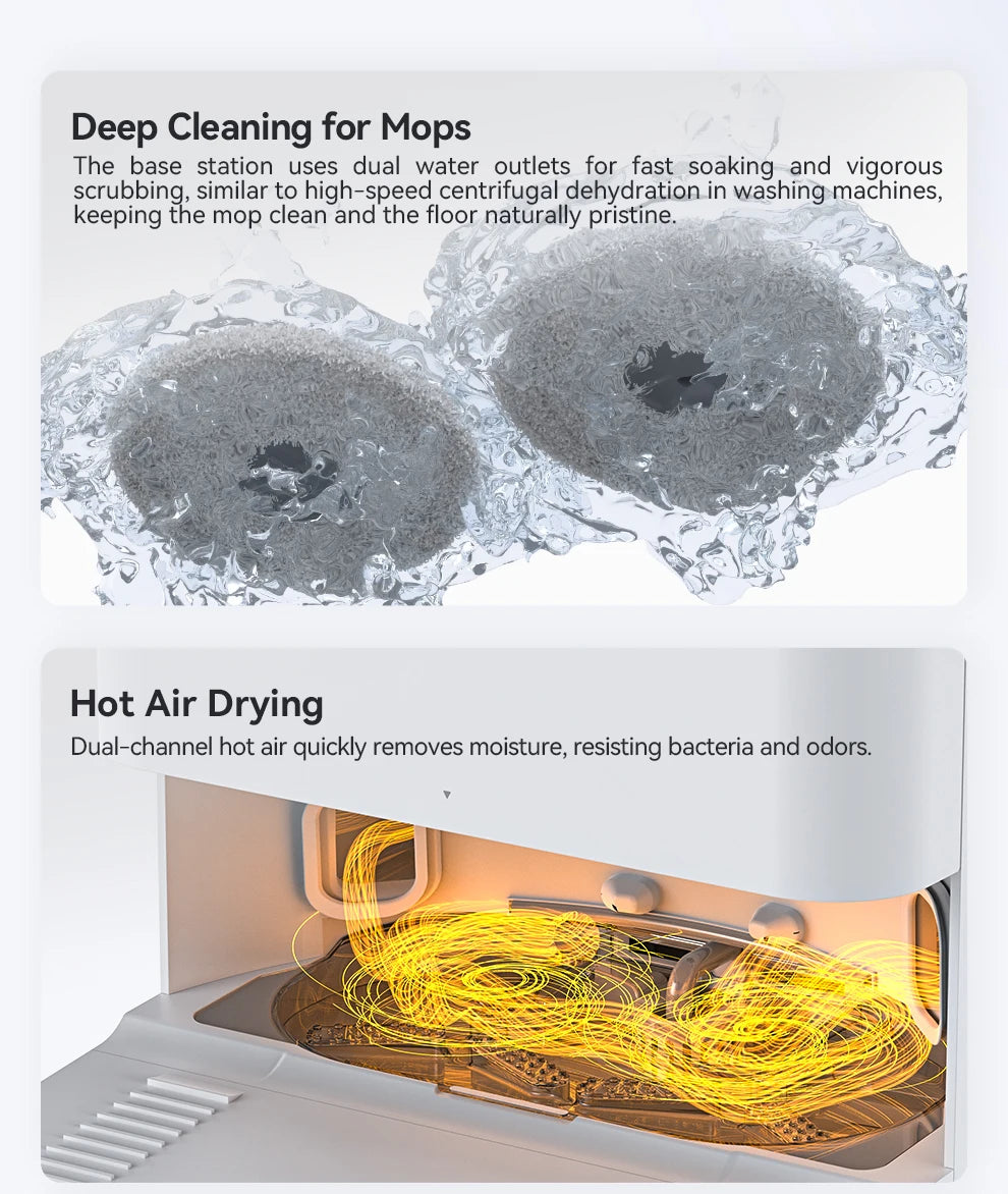De JONR P20 Pro robotstofzuiger met witte, moderne design en transparante onderkant, naast zijn laadstation en smartphone-app voor slimme huishoudelij