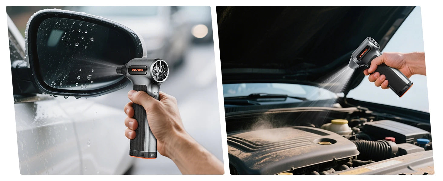 De Wolfbox MF200 Air Duster, een compacte, zilveren stofzuiger met zwarte grip, is uitgerust met drie metalen nozzles, een borstel, een kwast en een U