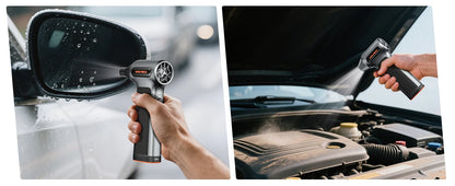 De Wolfbox MF200 Air Duster, een compacte, zilveren stofzuiger met zwarte grip, is uitgerust met drie metalen nozzles, een borstel, een kwast en een U