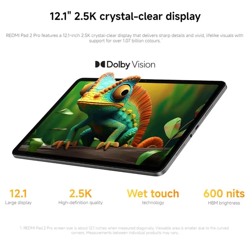 Grijze Redmi-tablet met dubbele camera en scherm met kleurrijke abstracte achtergrond, geschikt voor multimedia en productie. Perfect voor creatieve p