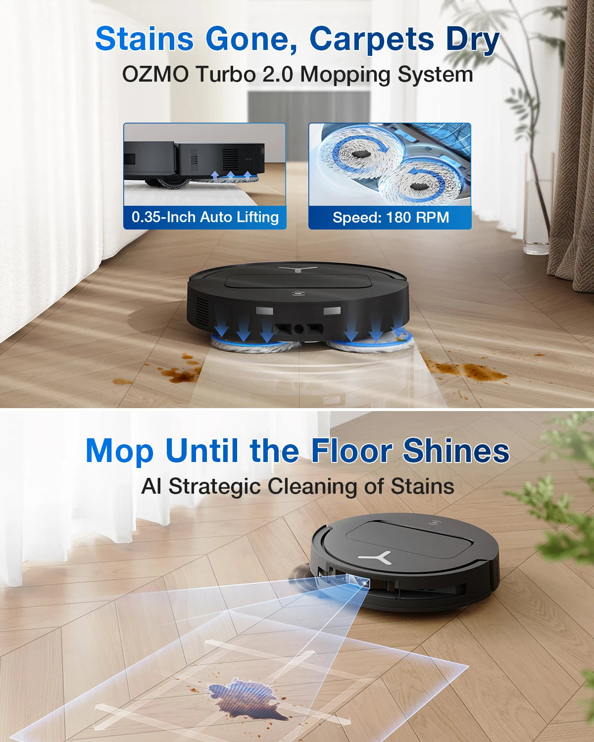 De Ecovacs robotstofzuiger met zwart glanzend ontwerp en blauwe mop, klaar voor automatische vloerreiniging. Geïntegreerd systeem voor efficiënte stof