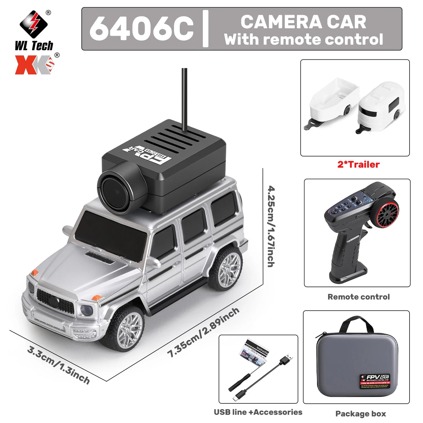 Mini camera-voertuigen in zwart, zilver, oranje en lichtblauw, elk met een zwarte camera op het dak, inclusief stuurunit en USB-kabel voor speelgoedau