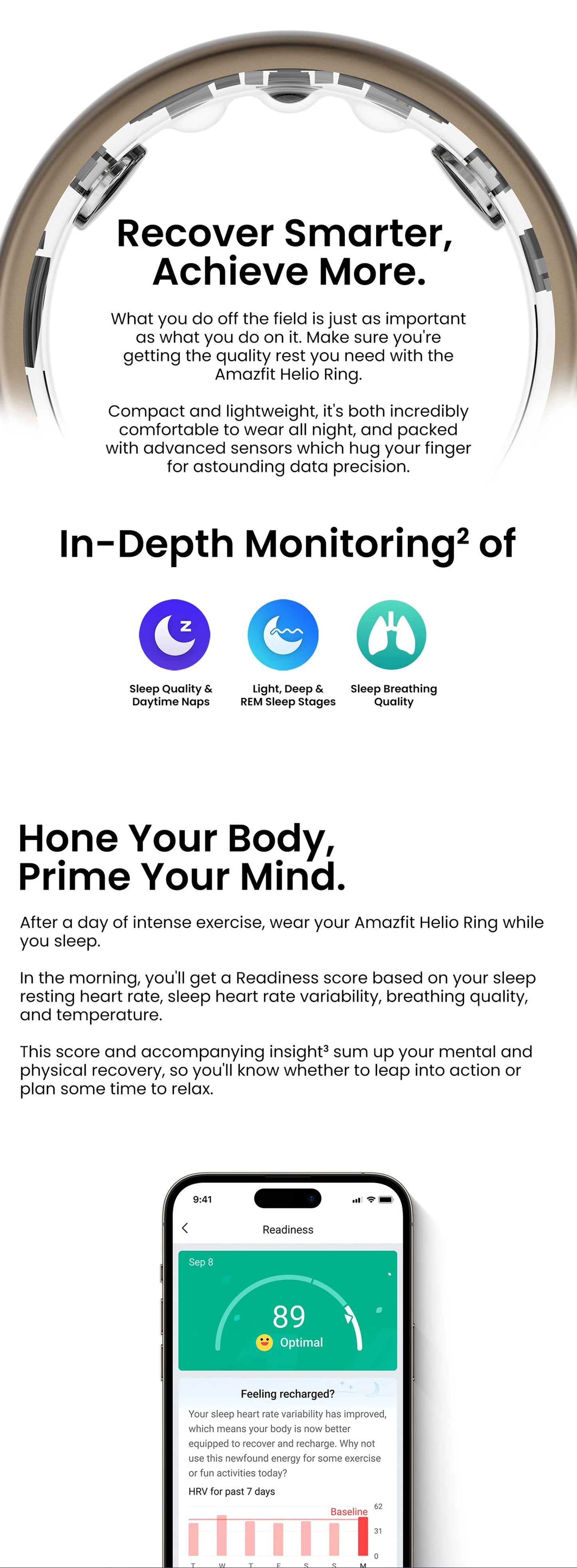 De Amazfit Helio Ring, een goudkleurige, 2,6 mm dunne slimme ring met een textuur, toont zichtbare sensoren en is speciaal ontworpen voor sport- en slaapmonitoring. - Foto 11