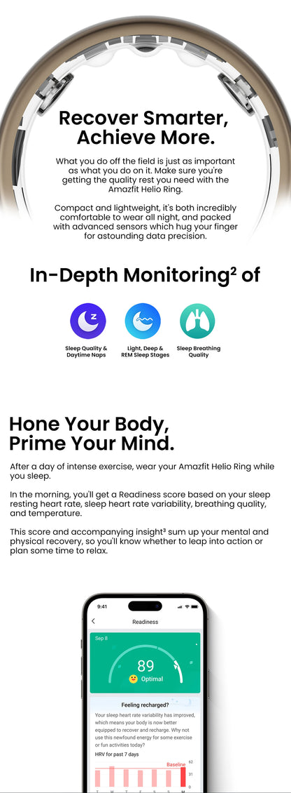 De Amazfit Helio Ring, een goudkleurige, 2,6 mm dunne slimme ring met een textuur, toont zichtbare sensoren en is speciaal ontworpen voor sport- en slaapmonitoring. - Foto 11