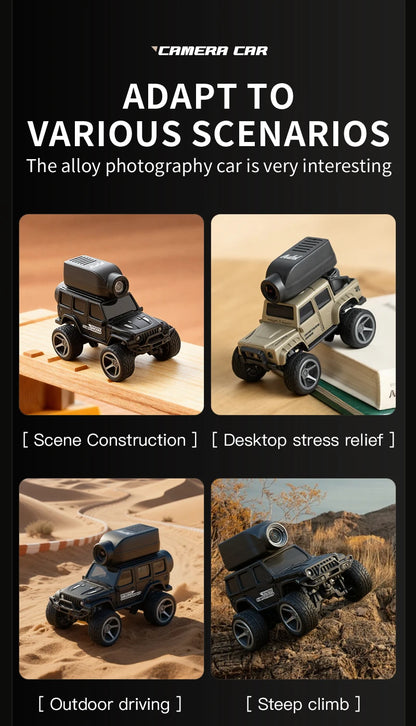 Zwart 1:64 mini klimautomaat met magnetische camera, geschikt voor indoor- en outdoor-avonturen. Zichtbaar app-controle en remote control voor speelpl
