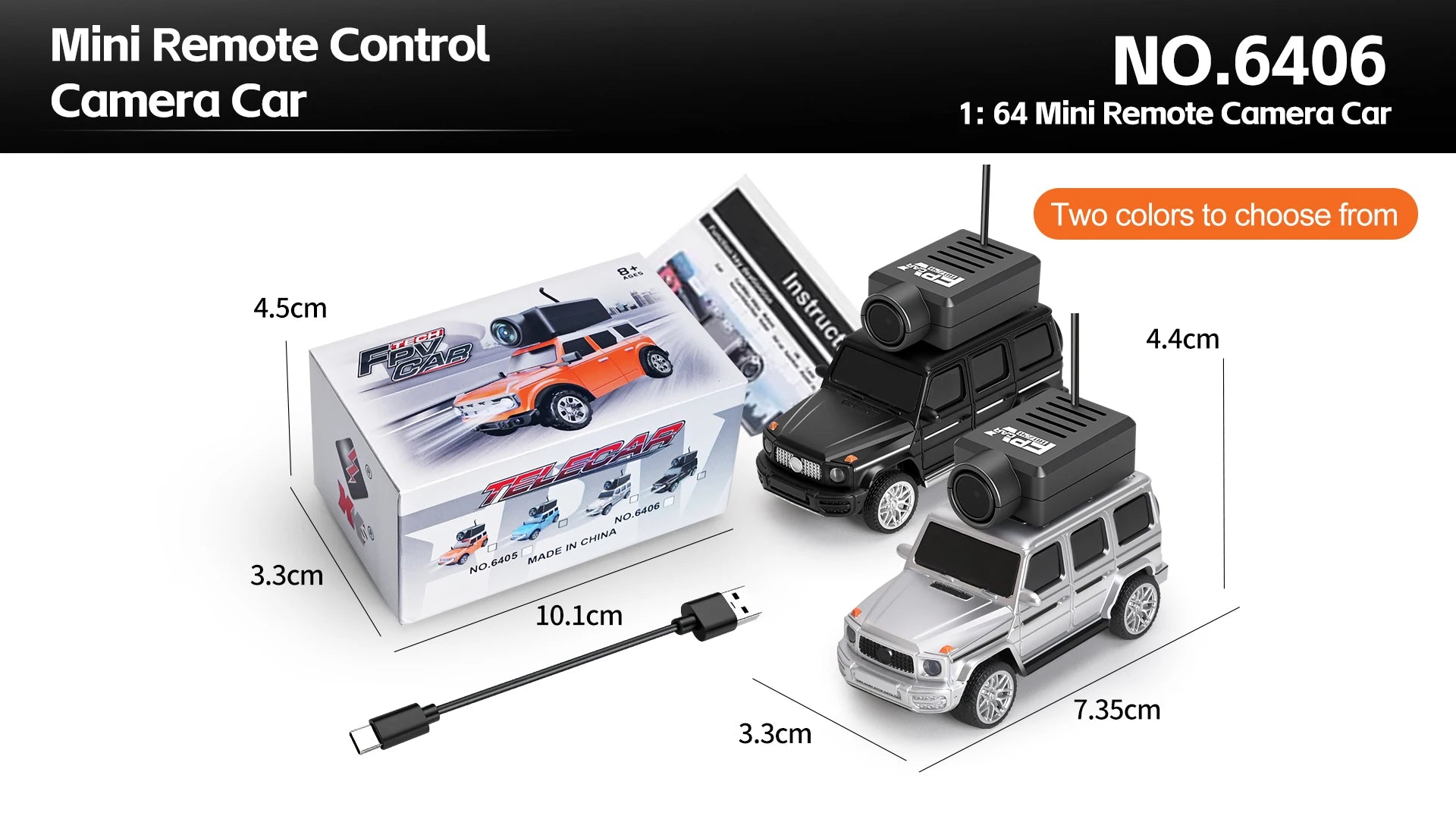 Mini-camera in 1:64 schaal, geïntegreerd in vier kleurrijke SUV-modellen met zichtbare antenne en USB-kabel. Ideaal voor kinderen die hobbymodelauto’s