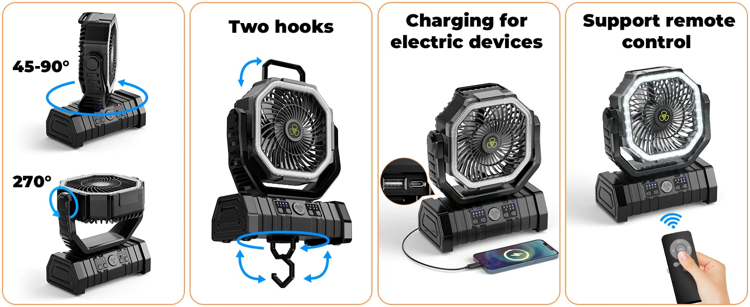 Groene draagbare ventilator met LED-verlichting en USB-oplader, uitgerust met afstandsbediening en bedieningspaneel voor gebruik bij kampeer- of avont