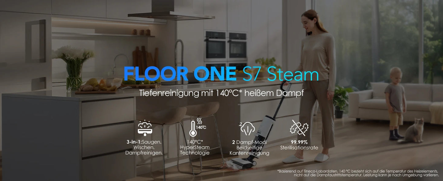 Een moderne Tineco stofzuiger met stoomfunctie, wit en zwart, waarvan de onderkant stoom uitblaast. Geschikt voor efficiënte vloer- en tegelreiniging 