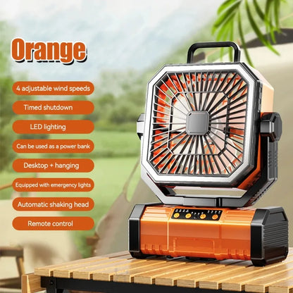 Oranje noodstroomvoorziening met USB-C-aansluitingen, bedoeld voor outdoor-gebruik. Zichtbaar op houten tafel met laptop en smartphone, geschikt voor 