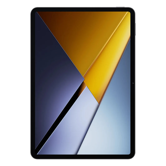 De POCO Pad X1 tablet in donkergrijs met goudkleurige cameraomlijsting, voorzien van een helder scherm met abstracte kleuren. Ideaal voor gaming en mu
