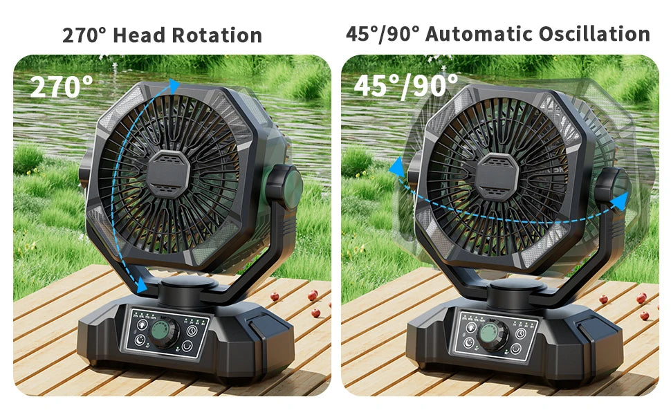 Zwarte en oranje outdoor camping fan met 4 LED-verlichting en draaibare kop, uitgerust met slimme afstandsbediening voor gebruik op kampeerterrein of 