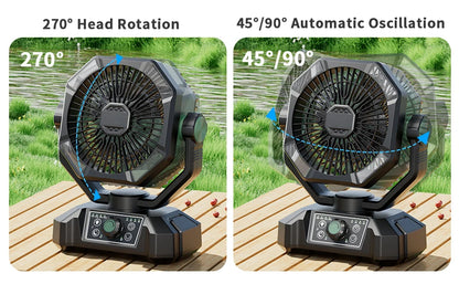 Zwarte en oranje outdoor camping fan met 4 LED-verlichting en draaibare kop, uitgerust met slimme afstandsbediening voor gebruik op kampeerterrein of 