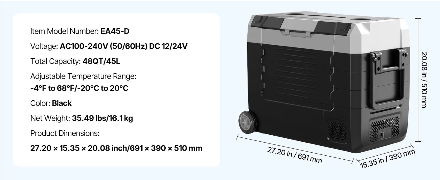 Zwart-zilveren draadloze koelbox met digitale display en drinkhouders, geschikt voor kant-en-klare dranken op kampeer- of reisreizen. Inclusief stroom