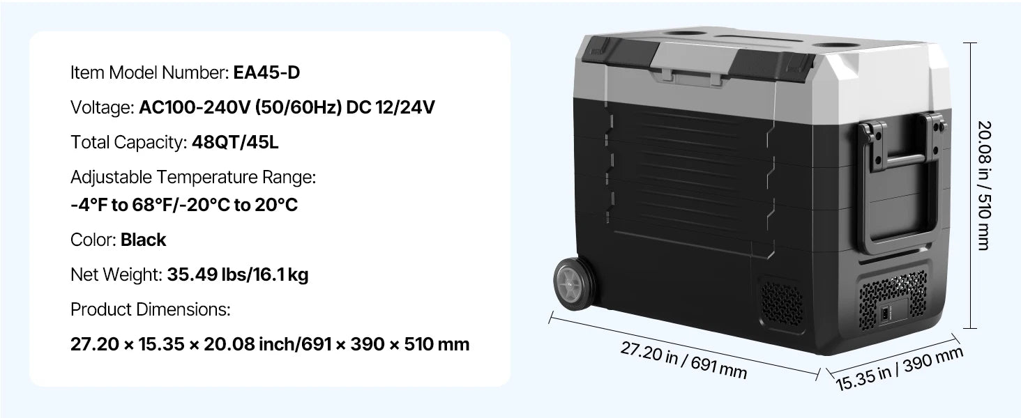 Zwart-zilveren draadloze koelbox met digitale display en drinkhouders, geschikt voor kant-en-klare dranken op kampeer- of reisreizen. Inclusief stroom