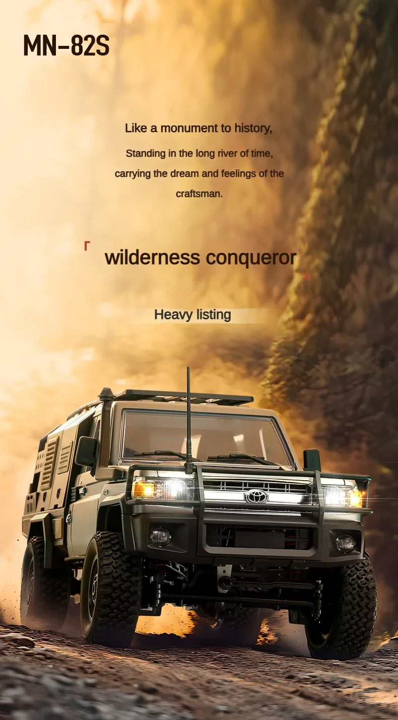 De ZWN MN82S 1:12 RC Toyota Land Cruiser in bruin, met grote terreinbanden en een opvallende voorbumper, staat op rotsachtig terrein. Officieel licent