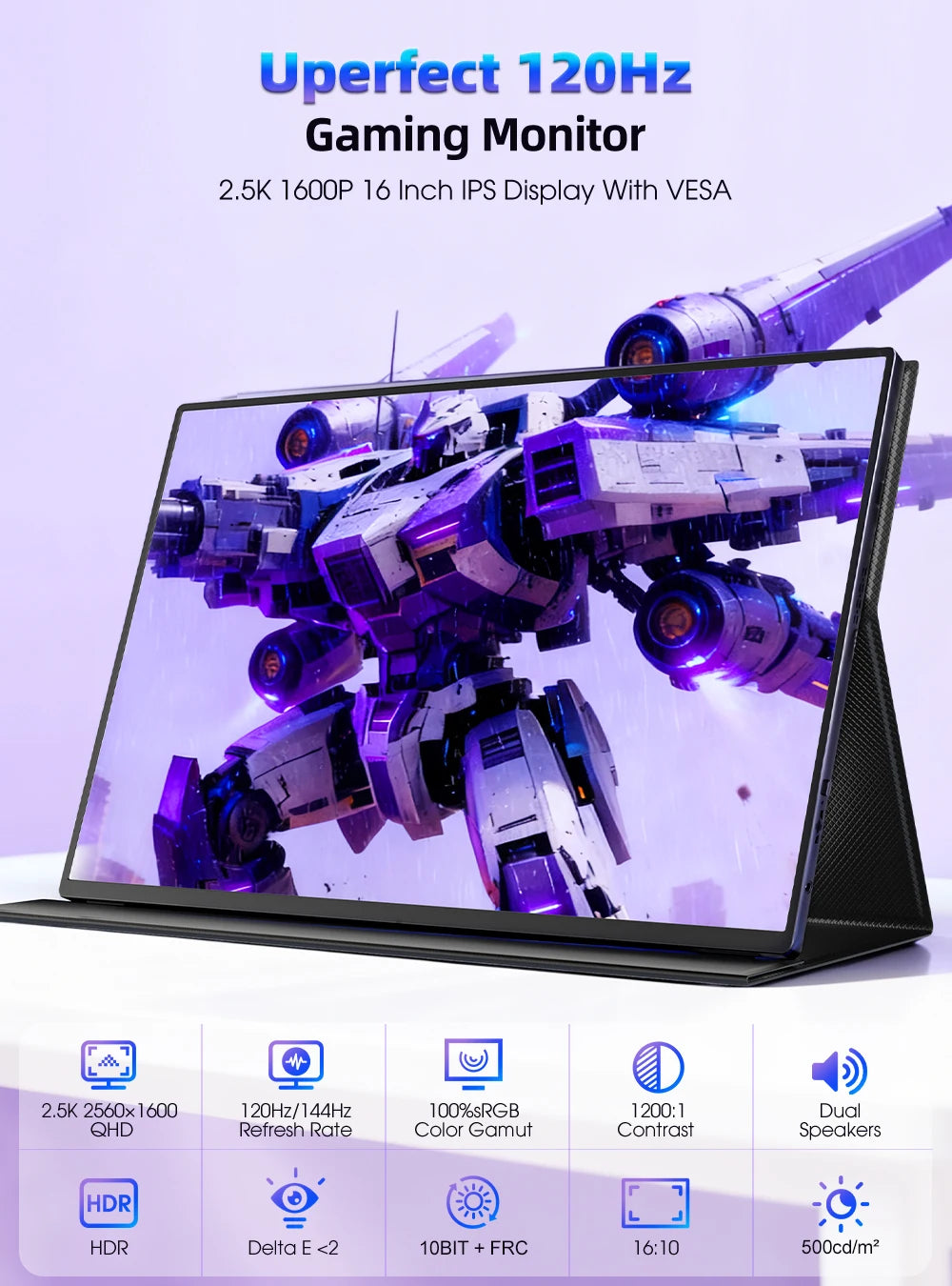 Een 16-inch QLED-game-monitor met 2.5K Quad HD resolutie en 120Hz, uitgerust met een 16:10 schermverhouding, perfect voor gaming en streamen. Zwart fr