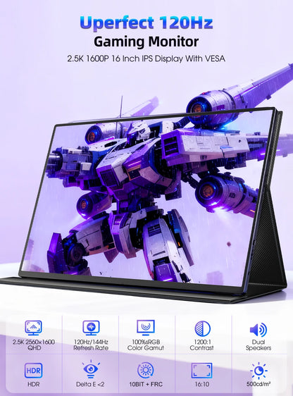 Een 16-inch QLED-game-monitor met 2.5K Quad HD resolutie en 120Hz, uitgerust met een 16:10 schermverhouding, perfect voor gaming en streamen. Zwart fr