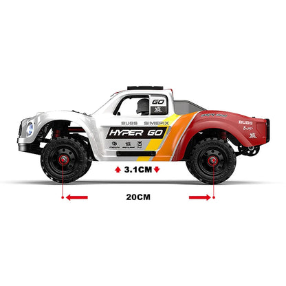 Rood-wit racepick-up met blauwe LED-koplampen en zwarte banden, uitgerust met 3S en 2S batterijen voor speelplezier. Ideaal voor kinderen die op zoek 