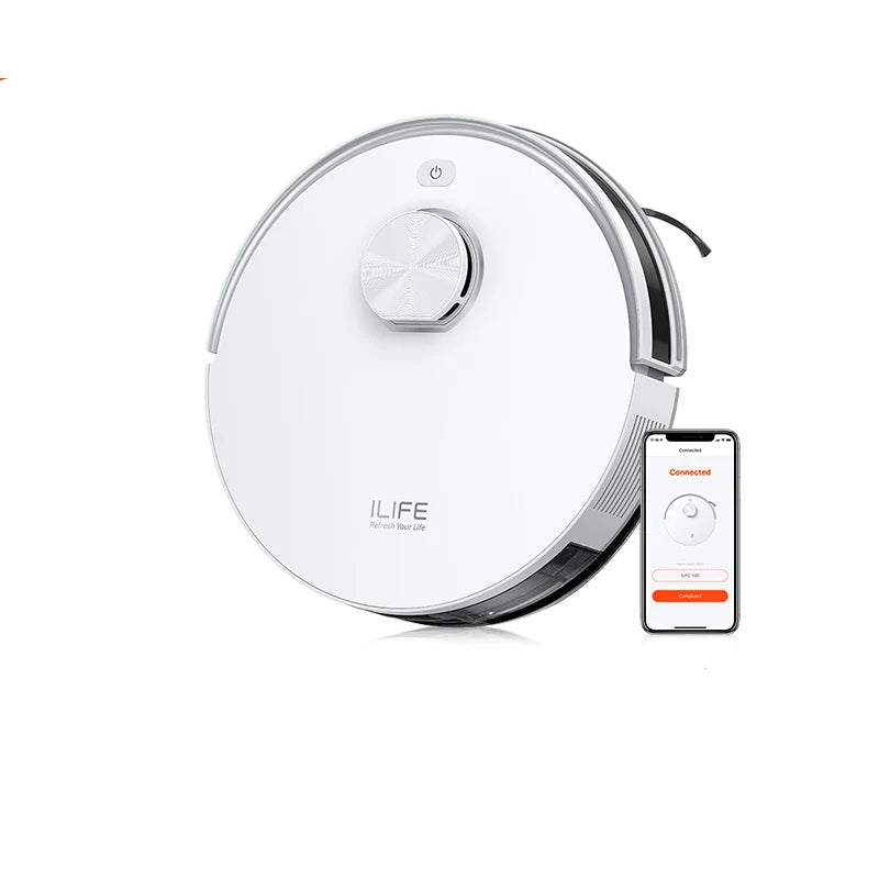 De witte ILIFE robotstofzuiger met zilveren details en draadloze smartphone-app is klaar voor gebruik. Geschikt voor dagelijkse vloerreiniging in huis