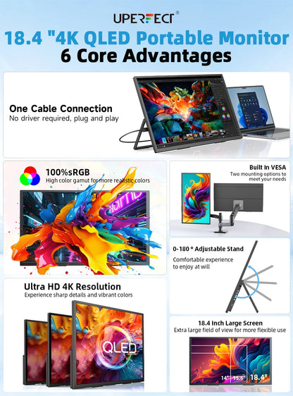 Een 18,4-inch QLED-televisie met 4K-resolutie, kleurrijke schermweergave van een boom, en zichtbare FreeSync- en HDR-technologieën, geschikt voor gami