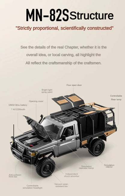De ZWN MN82S 1:12 RC Toyota Land Cruiser in bruin, met grote terreinbanden en een opvallende voorbumper, staat op rotsachtig terrein. Officieel licent