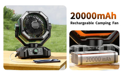 Zwarte en oranje outdoor camping ventilator met 4 LED-verlichting en draaibare kop, uitgerust met slimme afstandsbediening voor gebruik op kampeerplaa