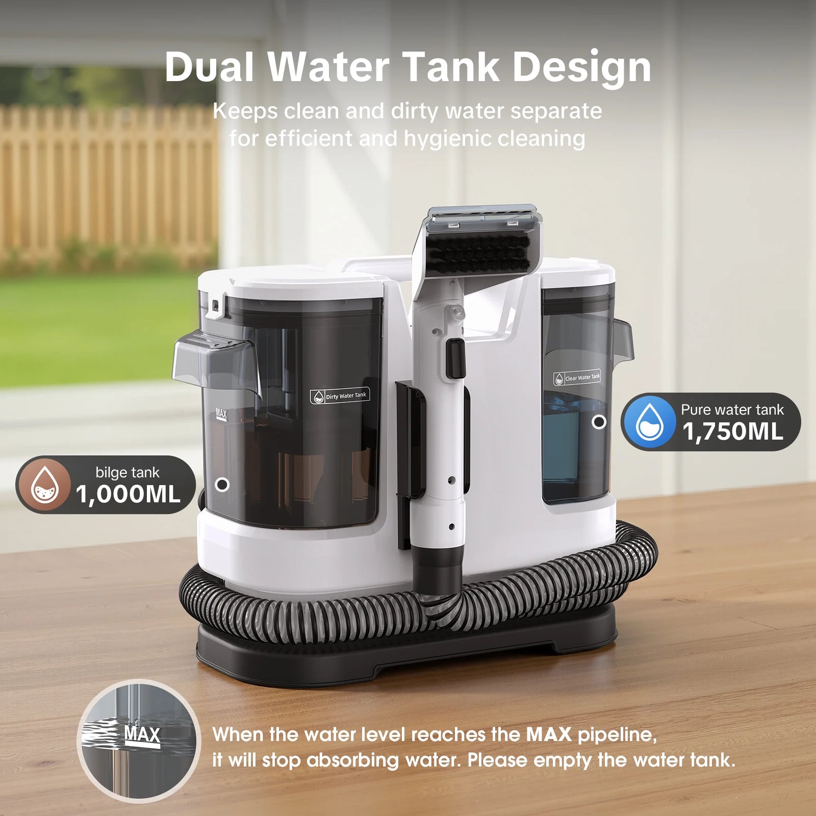 De Lubbluelu V8 stofzuiger met witte behuizing en zwarte flexibele slang, voorzien van een transparante vuil- en waterreservoir, is speciaal ontworpen