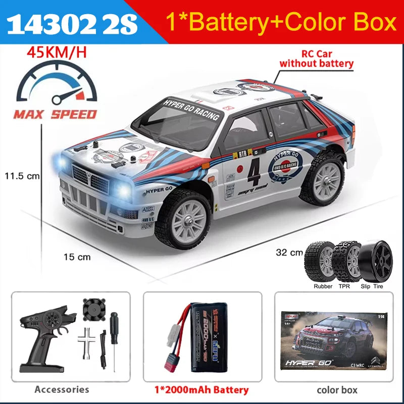 Een witte 1:14 schaalmodel rallyauto met blauwe en rode strepen, 4x4 aandrijving en een supermotor, geschikt voor racetracks en speelpleinen. Geschikt