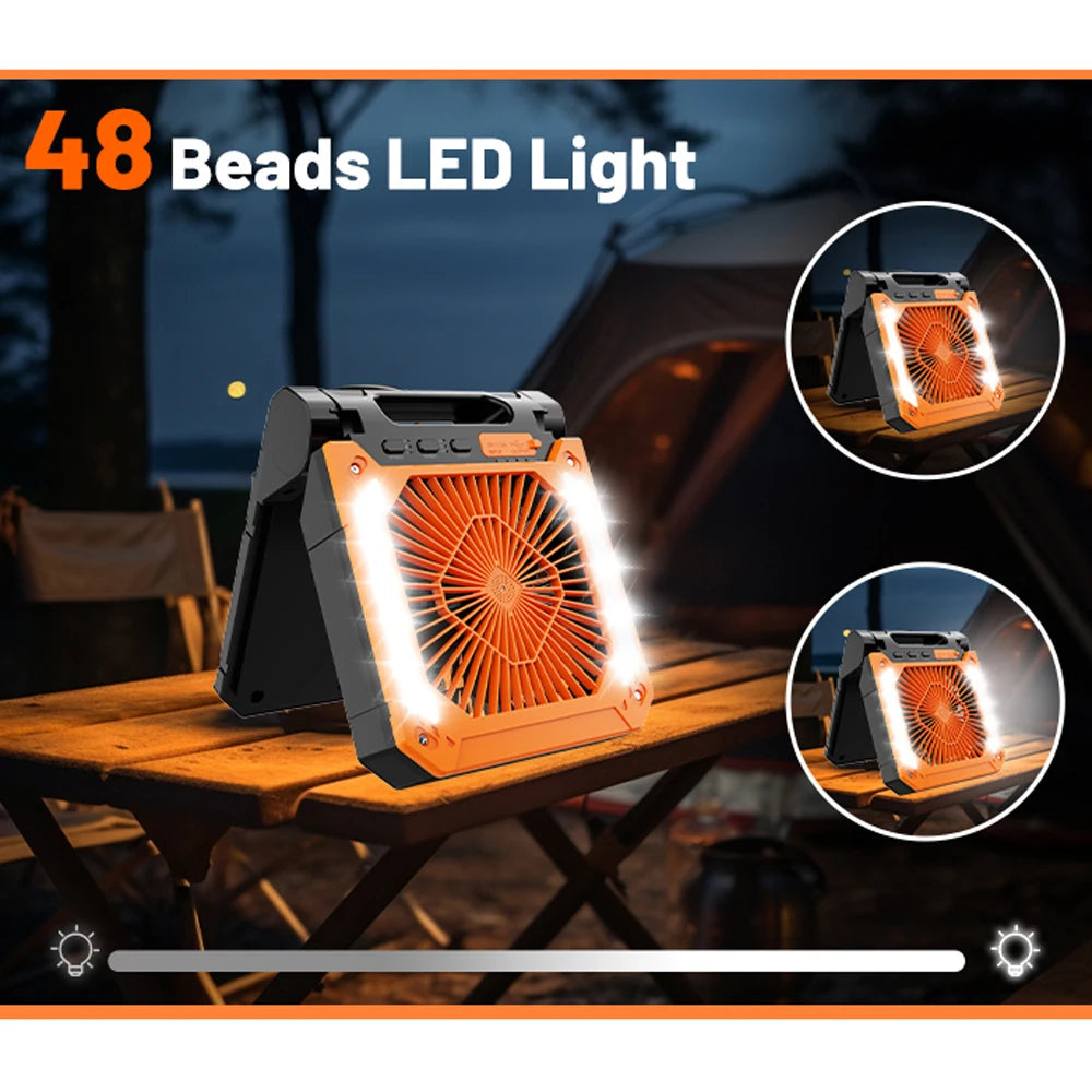 Groene draagbare ventilator met LED-verlichting en zonnepaneel, uitgerust met USB-poorten en 20000mAh accu voor outdoor-gebruik en mobiele oplading. -