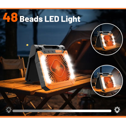 Groene draagbare ventilator met LED-verlichting en zonnepaneel, uitgerust met USB-poorten en 20000mAh accu voor outdoor-gebruik en mobiele oplading. -
