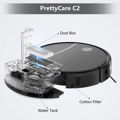 Zwart, ronde robotstofzuiger van het merk PRETTYCARE met actieve LED-indicatie, geïntegreerd met slimme app en afstandsbediening voor automatische hui