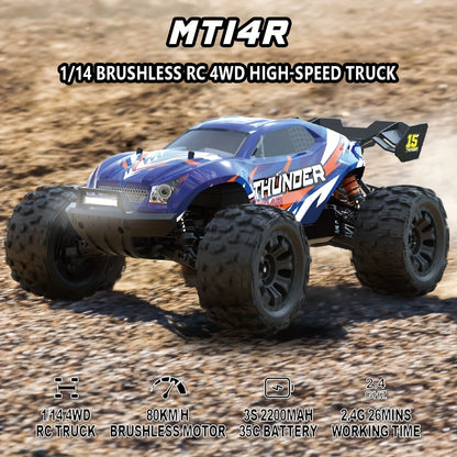 Blauwe JIUSI MT14R 1/14 RC-raceauto met zwarte banden en 'STORM' en 'THUNDER' stickers, geschikt voor speelgoedraces en buitenactiviteiten. Perfect vo
