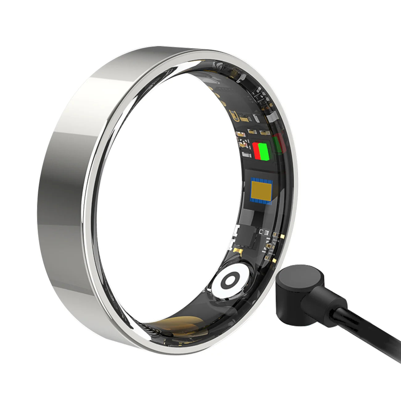 Een slimme ring in zilver, zwart en goud, met zichtbare elektronica en sensoren, geschikt voor sportieve activiteiten en als slimme accessoire voor dagelijks gebruik. - Foto 7