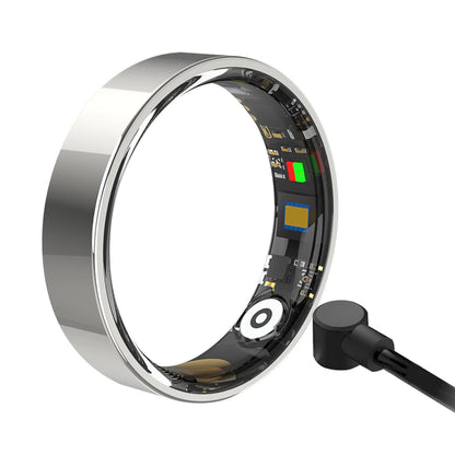 Een slimme ring in zilver, zwart en goud, met zichtbare elektronica en sensoren, geschikt voor sportieve activiteiten en als slimme accessoire voor dagelijks gebruik. - Foto 7