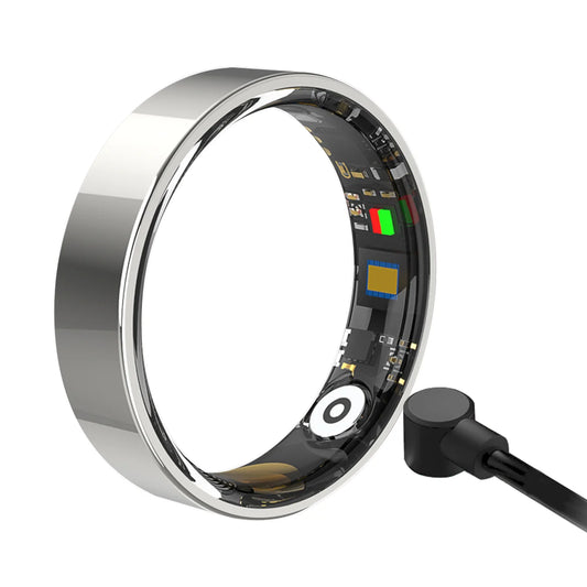 Een slimme ring in zilver, zwart en goud, met zichtbare elektronica en sensoren, geschikt voor sportieve activiteiten en als slimme accessoire voor dagelijks gebruik. - Foto 7