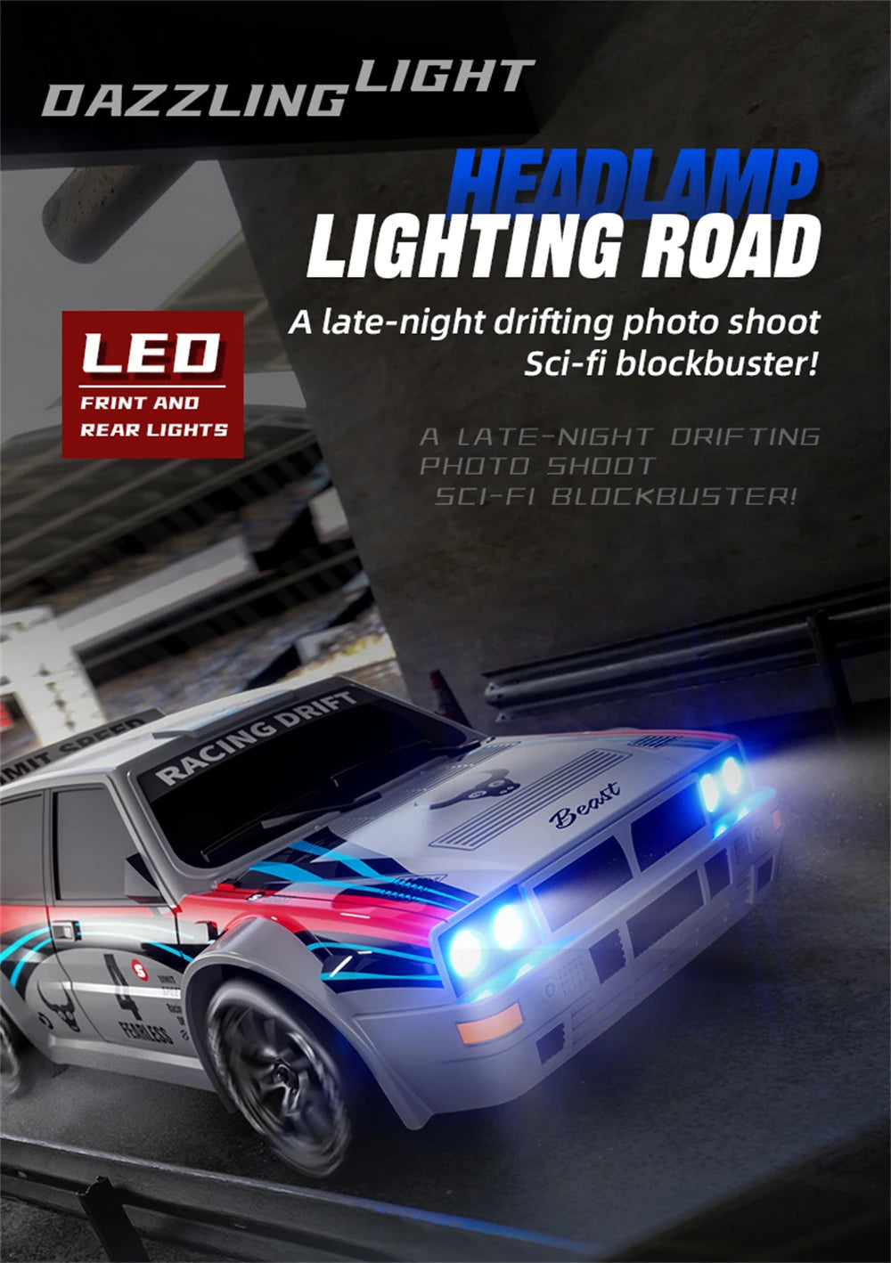 Een witte RC-rallyauto met rode en blauwe strepen, zwarte wielen en blauwe LED-verlichting, klaar voor drift- en race-activiteiten. Inclusief stuur, b