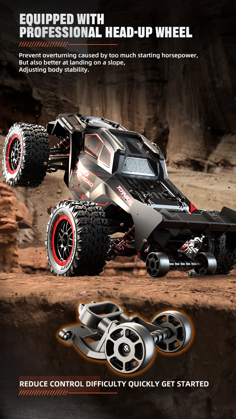 Zwart Rigid off-road RC-raceauto met rode velgen en LED-verlichting, uitgerust met 3 blauwe batterijen, stuurcontroller en opbergzak voor terreinrijde