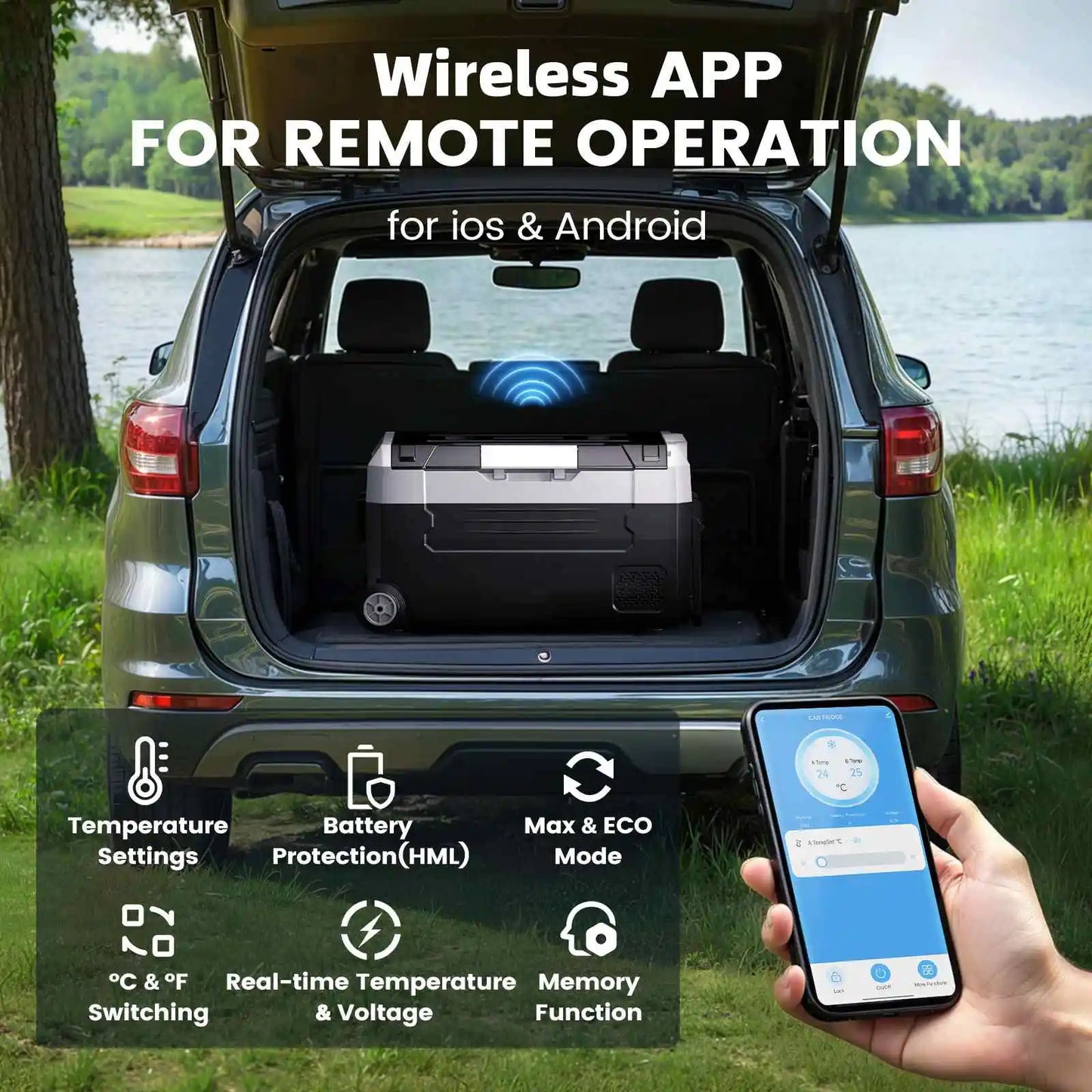 Zwart-wit koelbox met wielen, gevuld met frisse dranken en fruit, uitgerust met app-gecontroleerde temperatuur voor outdoor-gebruik en camping. - Foto