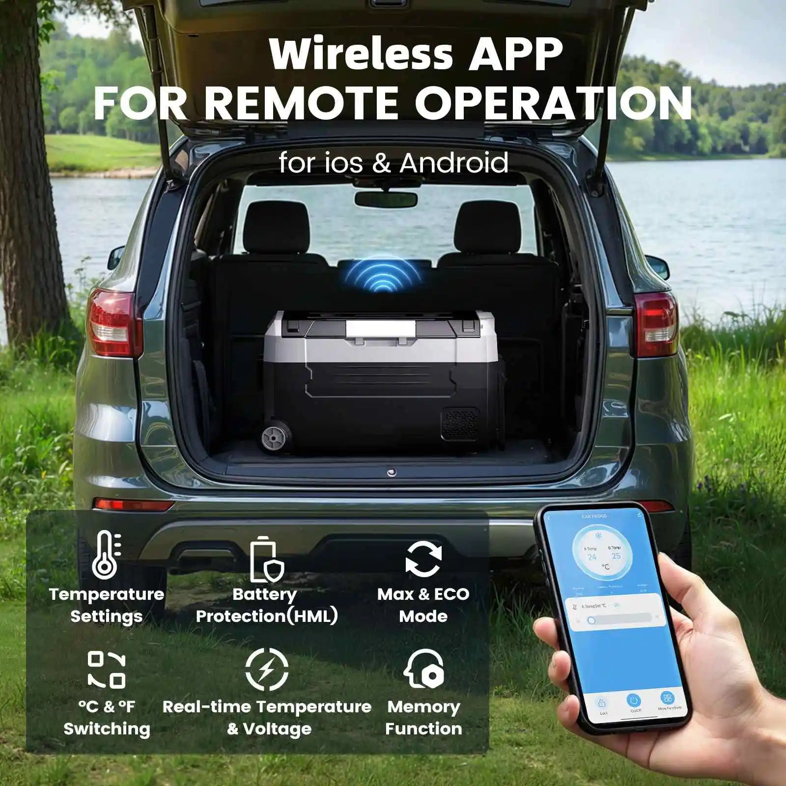 Zwart-wit koelbox met wielen, gevuld met frisse dranken en fruit, uitgerust met app-gecontroleerde temperatuur voor outdoor-gebruik en camping. - Foto