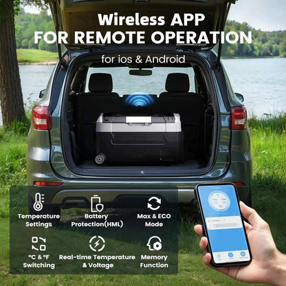 Zwart-wit koelbox met wielen, gevuld met frisse dranken en fruit, uitgerust met app-gecontroleerde temperatuur voor outdoor-gebruik en camping. - Foto