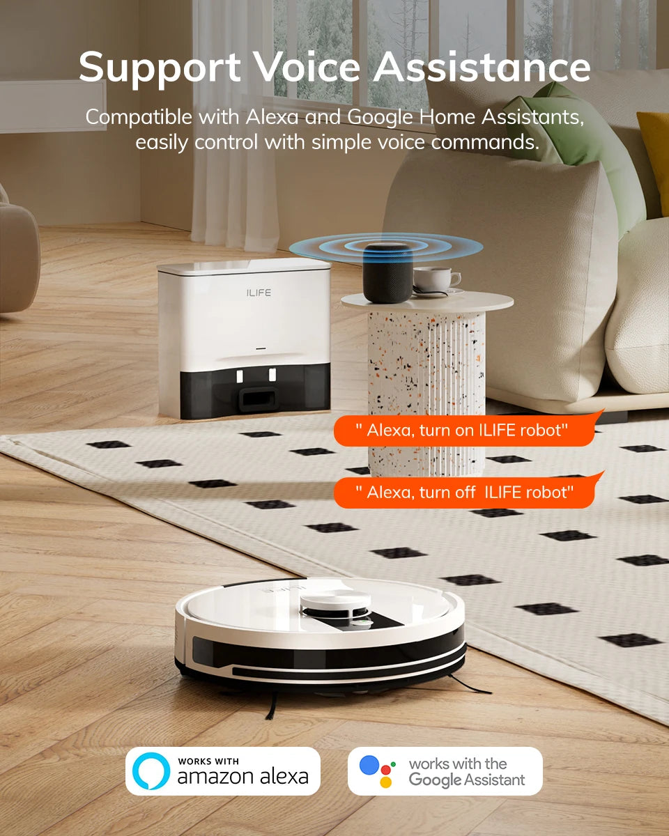 De witte ILIFE robotstofzuiger met zwart accent en bijpassende oplader, klaar voor slimme stofzuiging via app. Ideaal voor moderne huishoudens op zoek