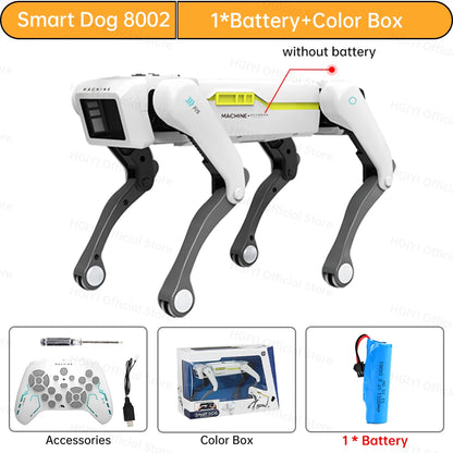 De witte 2.4G RC Smart Dog met groene accenten en zwarte poten, uitgerust met Bluetooth en een afstandsbediening, is een slimme speelgoedhond voor kin