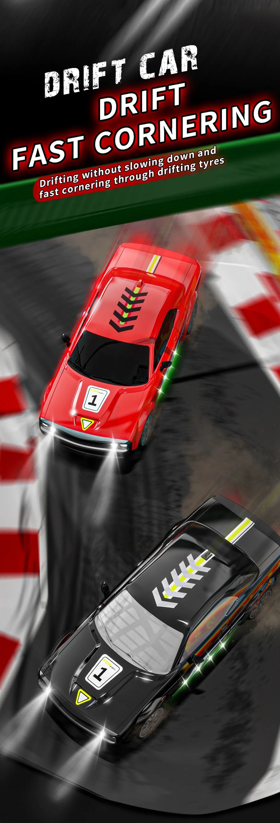 Zwart 4WD RC-raceauto met glanzende lak, zichtbare wielen en nummer 1 op de zijkant, inclusief afstandsbediening en batterijen voor speelplezier op de