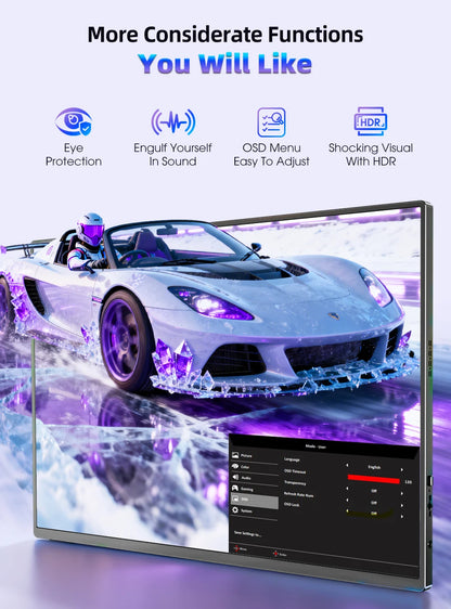 Een 16-inch QLED-scherm met 2.5K Quad HD resolutie en 120Hz, uitgerust met een 16:10 verhouding, perfect voor gaming en streamen. Zwart frame met text