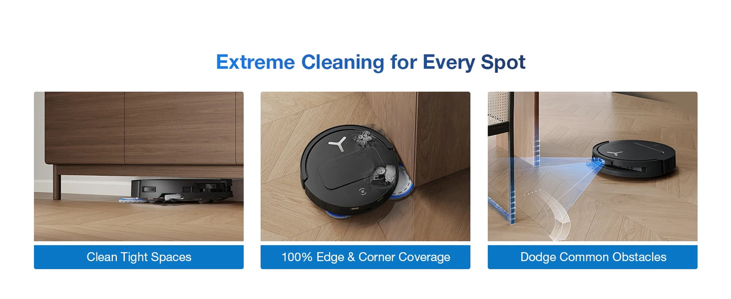 EcoVacs robotstofzuiger met zwart glanzend ontwerp en zichtbare blauwe mop, klaar voor automatische vloerreiniging. Modern design met waterreservoir e