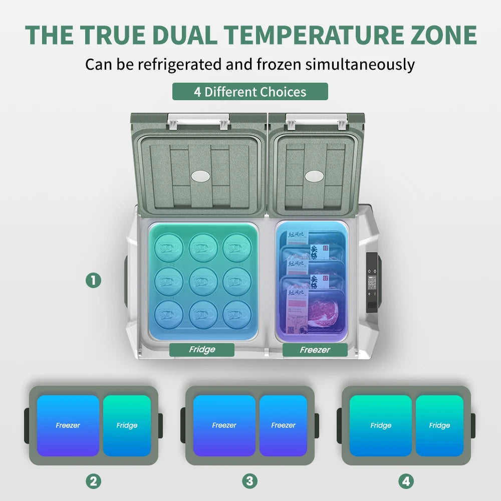 Grijze Alpicool koelbox met open deksel, gevuld met rode blikjes en verse fruit. Digitale display en ventilatieopeningen zichtbaar; ideaal voor kampee