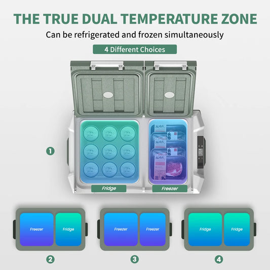 Grijze Alpicool koelbox met open deksel, gevuld met rode blikjes en verse fruit. Digitale display en ventilatieopeningen zichtbaar; ideaal voor kampee